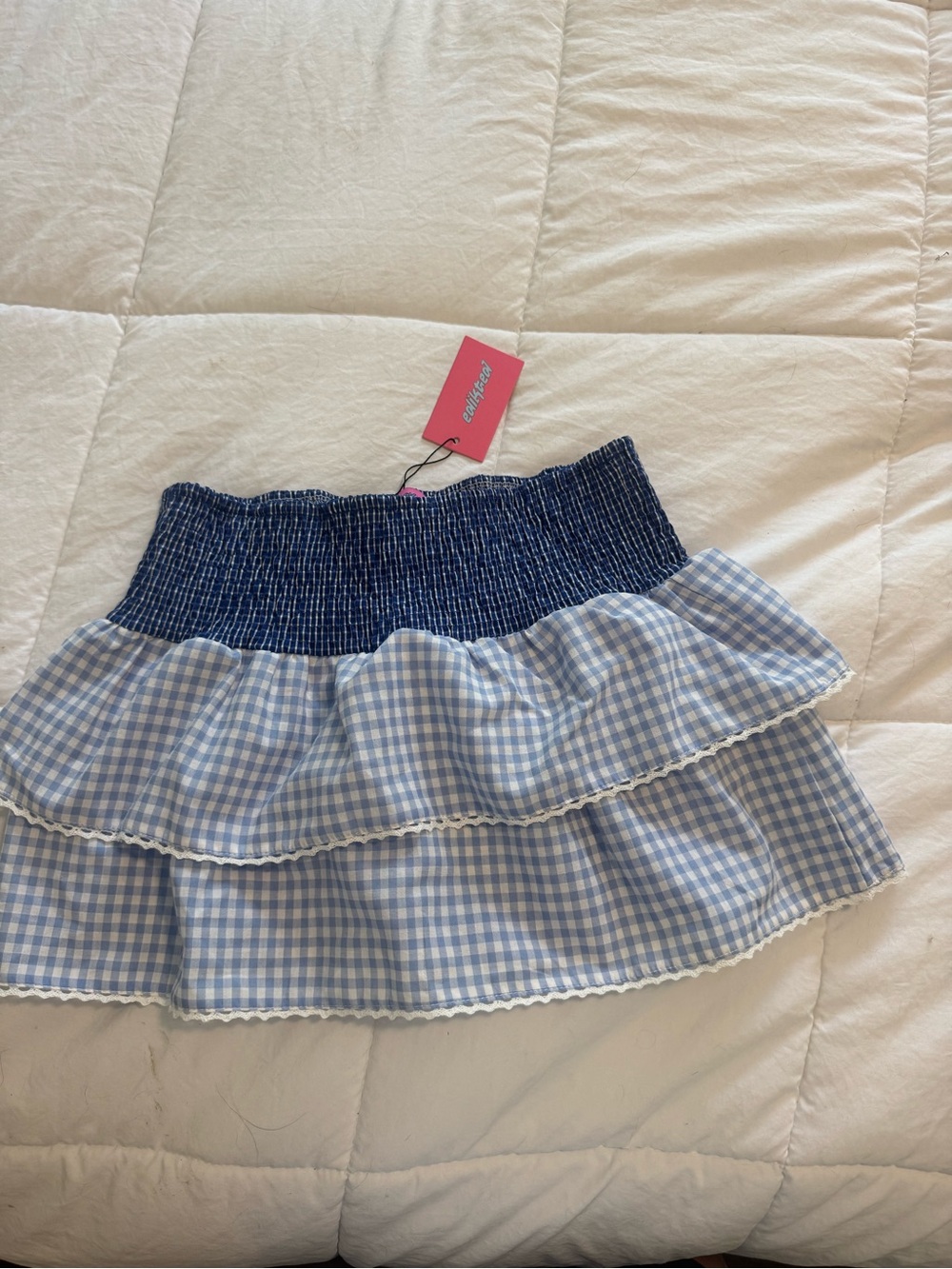 Edikted Light Blue Gingham Tiered Mini Skirt with Navy Smocked Waist